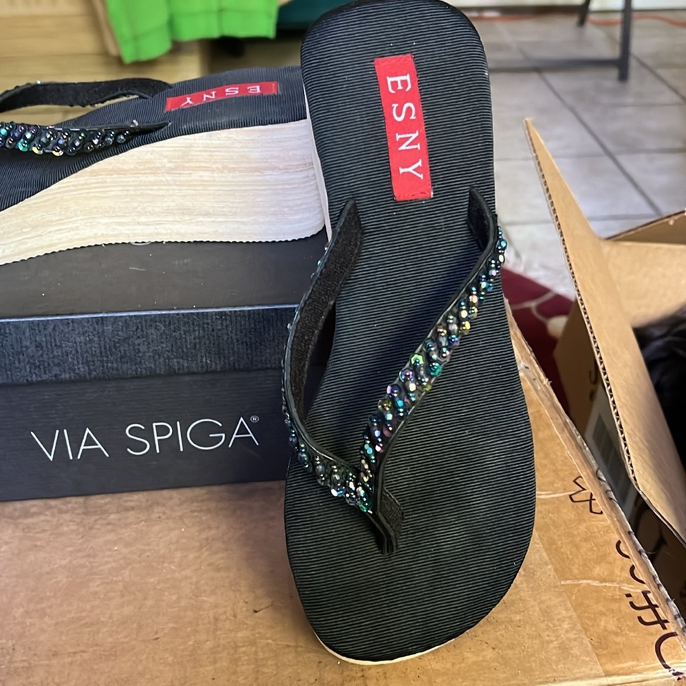 ESNY Jeweled Platform Thong Sandals in Black Sz 8 NEW - Picture 5 of 12